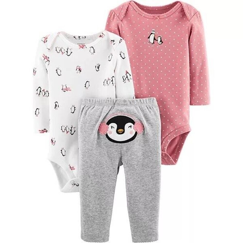 Baby Toddler Girl 3 Piece Outfit Penguin Bodysuits & Pants Set Cotton Cute 18m - Picture 1 of 13